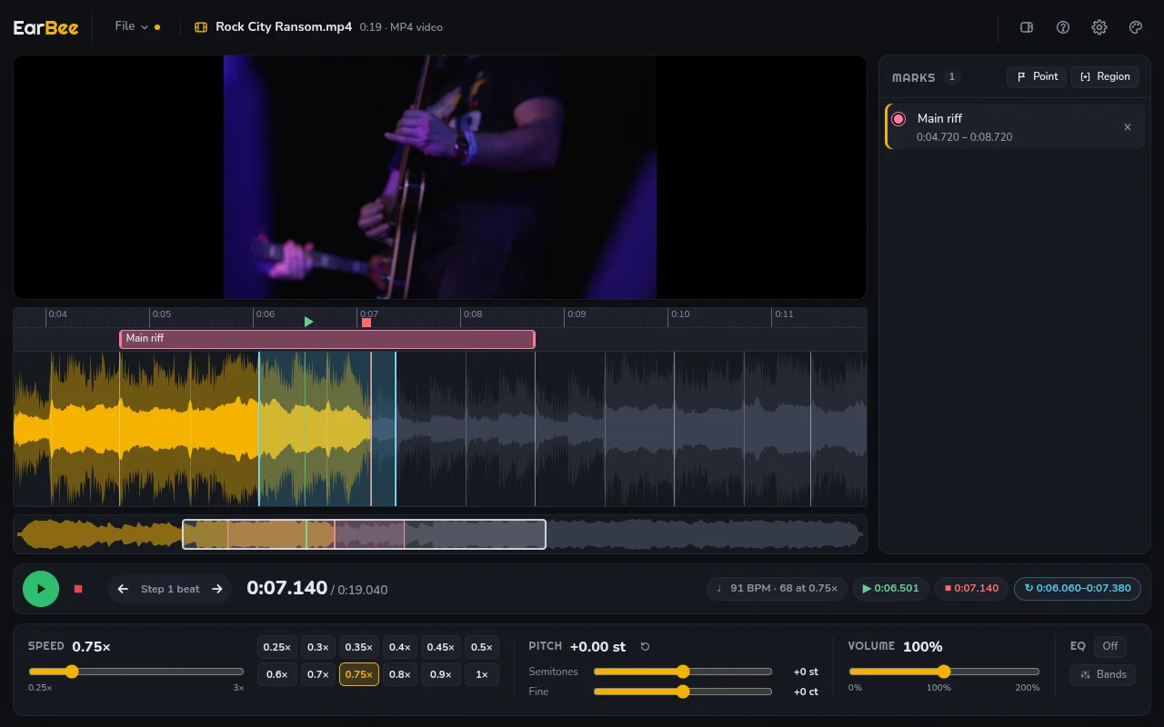 EarBee playing a concert video at 0.75× speed: beat and bar lines on the waveform, a section named Main riff, and one bar looping.